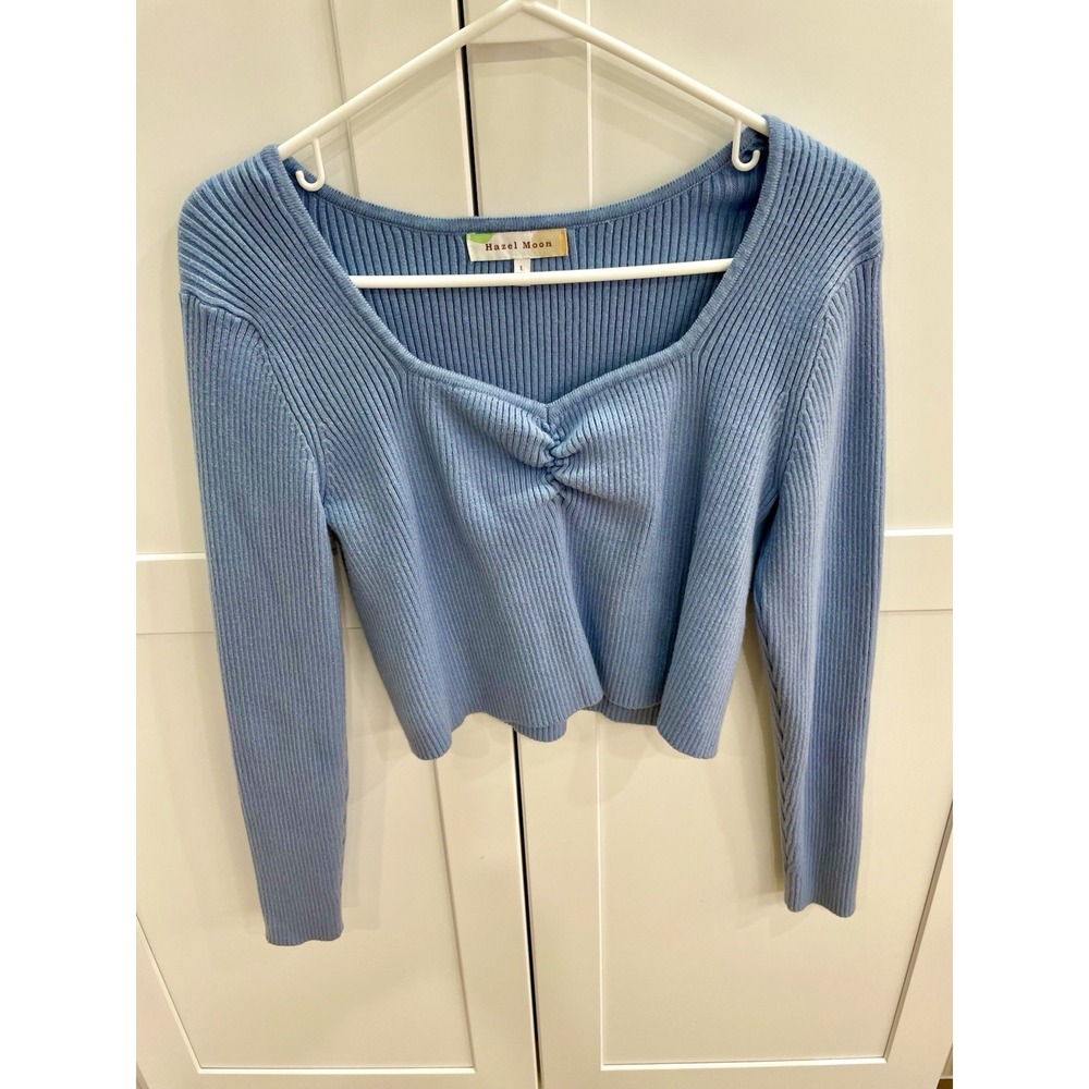 Hazel Moon Coquette Cropped Sweetheart Ribbed Long Sleeve Knit Top L